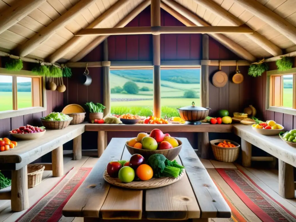 Interior de una casa vikinga con mesa rústica y abundantes frutas y verduras