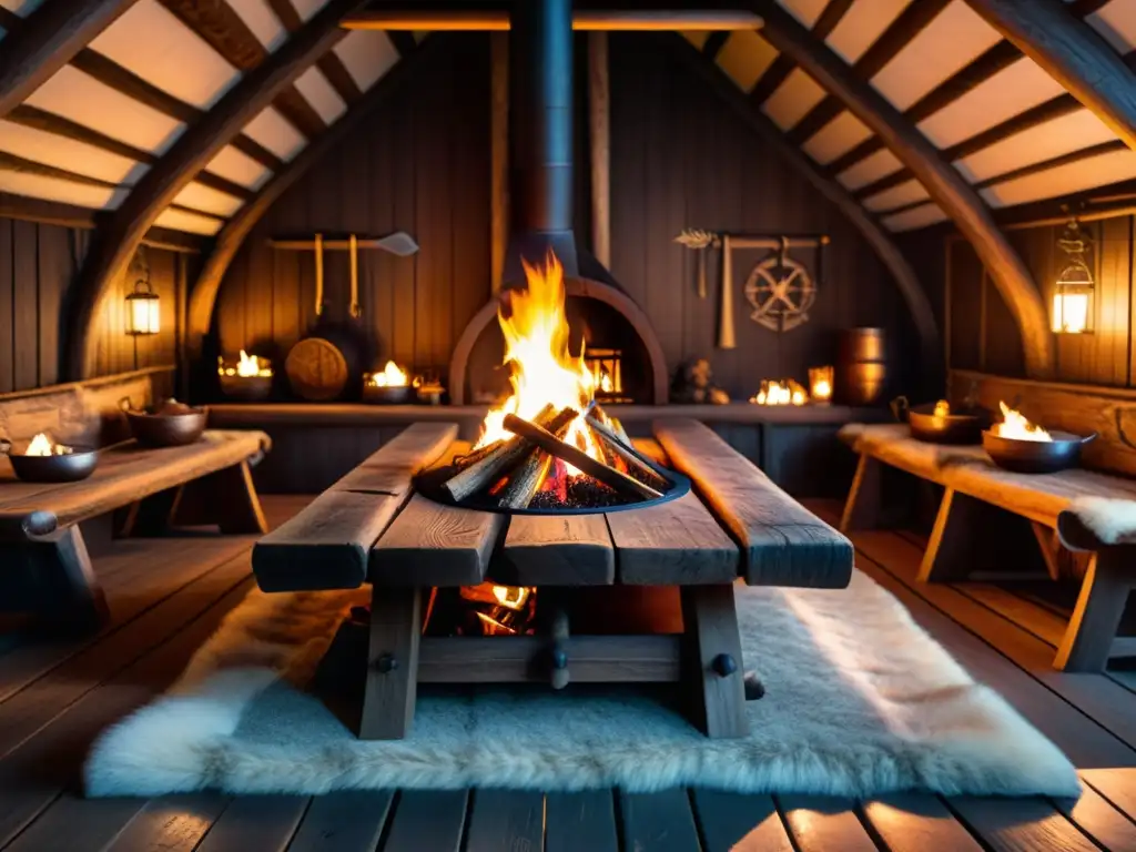 Hogar vikingo detallado: interior con hoguera y armas Interior detallado de una casa vikinga con decoraciones de madera, mesa larga y ambiente histórico iluminado por antorchas