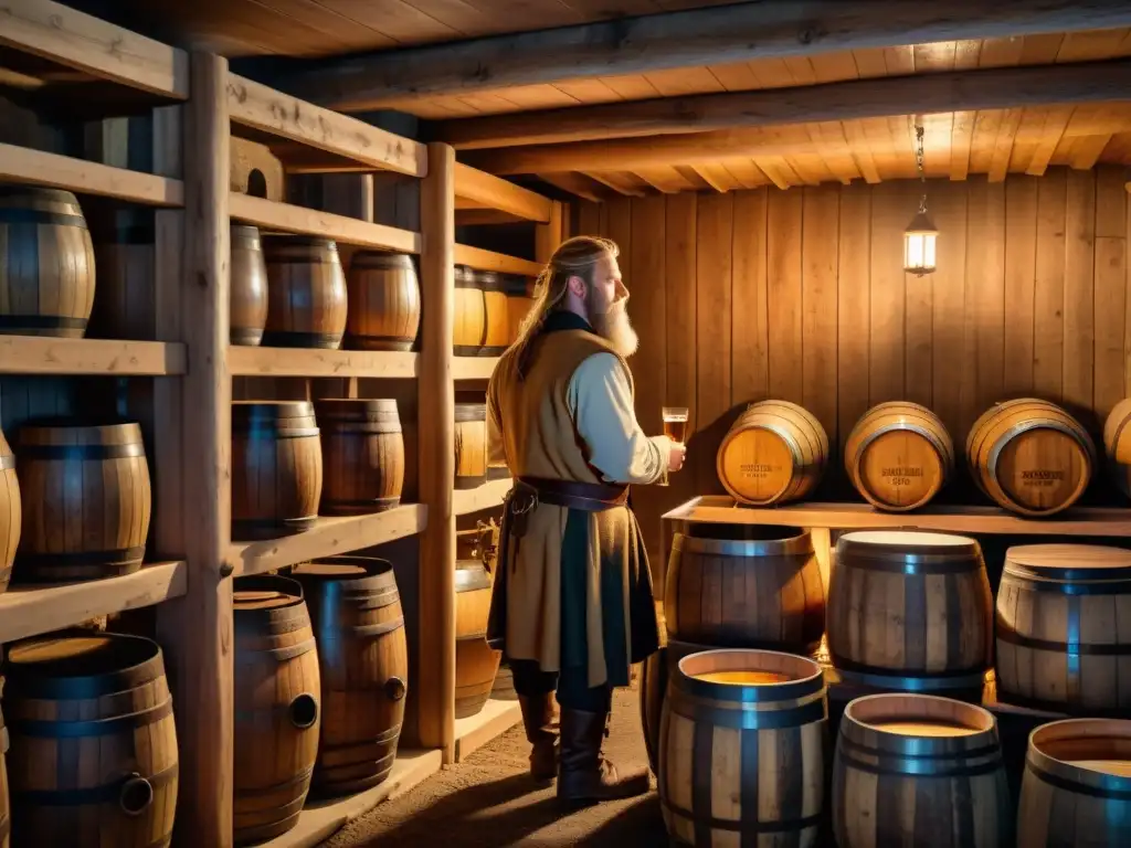 Interior de destilería de Mead Vikingo: barriles de miel fermentando, botellas de Mead añejo y un cervecero vikingo en ambiente histórico