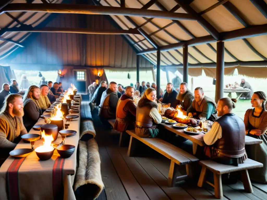 Interiores de casa vikinga durante un festín, destacando la importancia de la comida en rituales vikingos