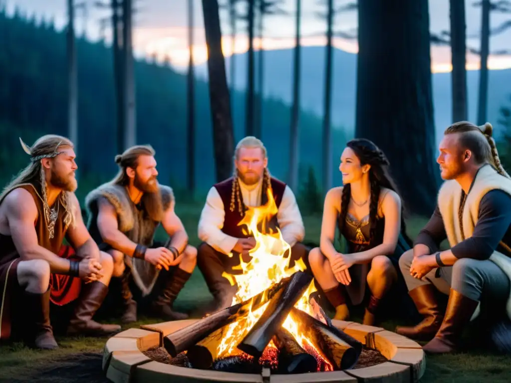 Una interpretación moderna de la mitología nórdica: grupo contemporáneo escucha historias vikingas alrededor de la fogata en el bosque oscuro