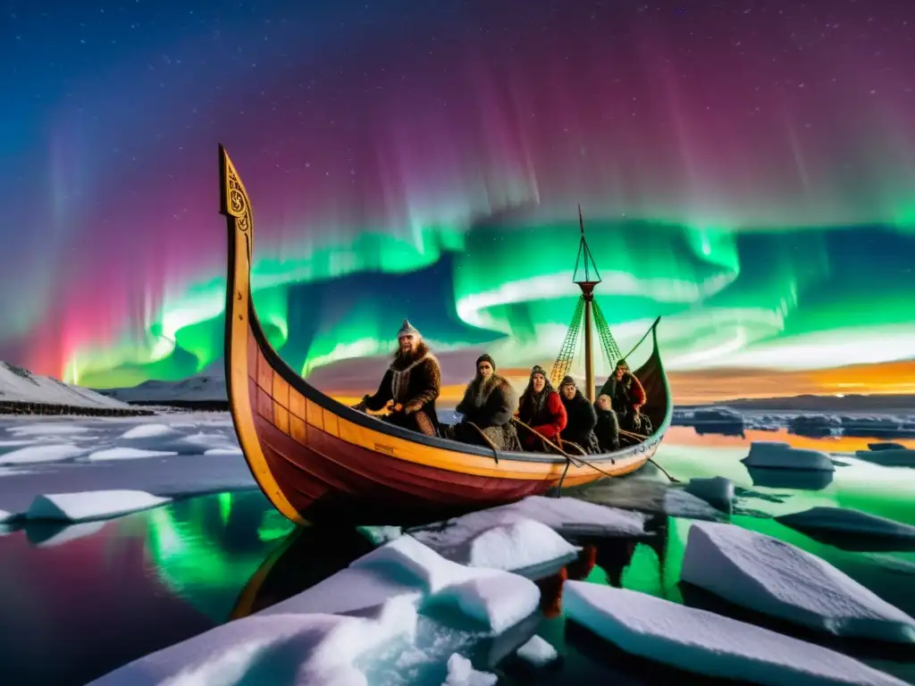 Una interpretación moderna de textos sagrados vikingos: un drakkar navegando bajo la aurora boreal con tripulación diversa