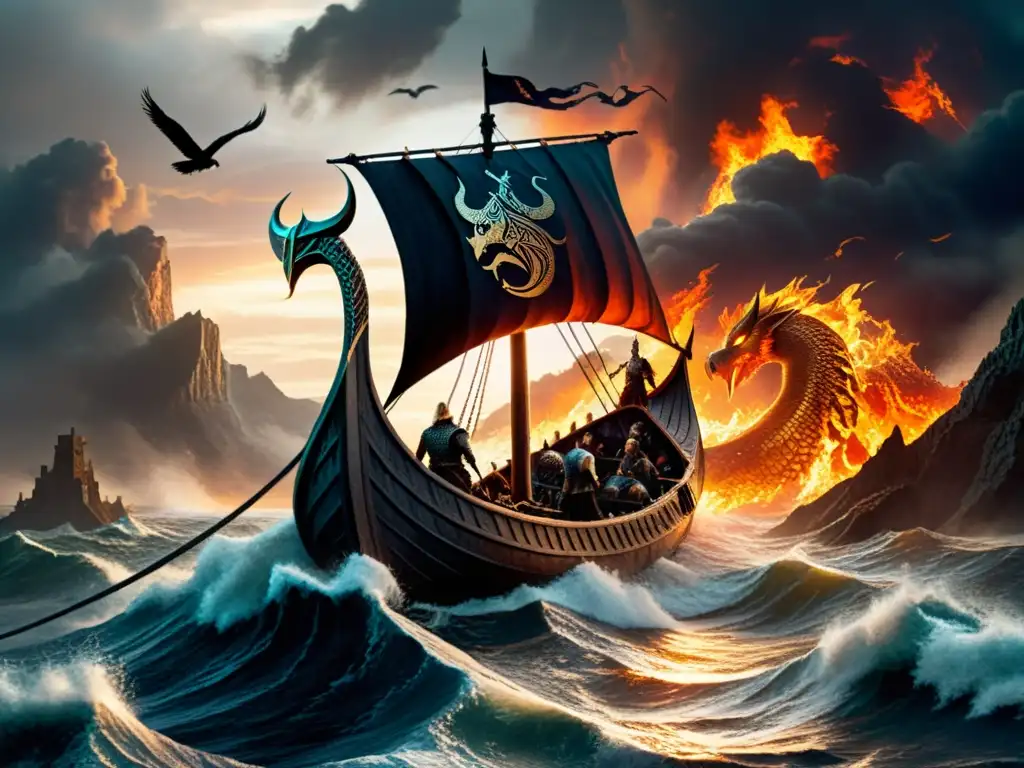 Interpretaciones literarias Ragnarök vikingo: Vikingos en un barco hacia la batalla final en un escenario apocalíptico