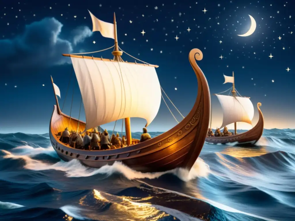 Intrépidas velas vikingas surcan las aguas bajo la luna, demostrando fuerza y velocidad