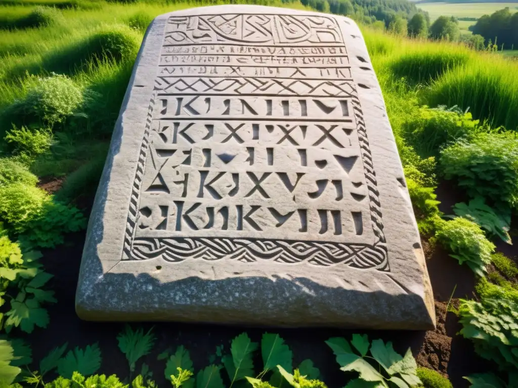 Intricado runestone vikingo en Rusia, mostrando raíces nórdicas cultura vikinga en paisaje verde