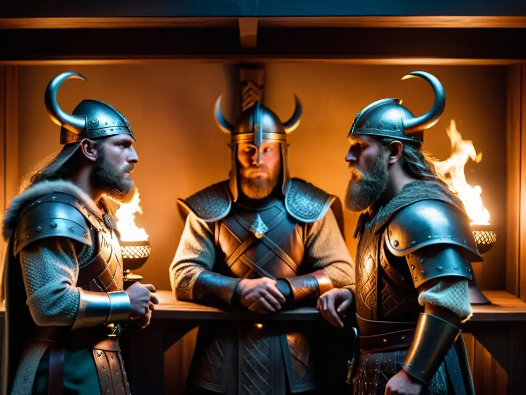 Intriga vikinga: conspiración y estrategia en la penumbra Intriga en la Era Vikinga: guerreros conspiran en penumbra, susurran estrategias bajo antorchas