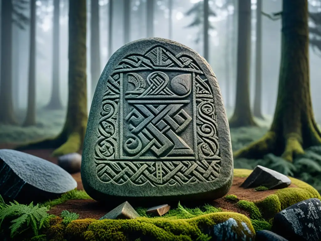 Intrincada piedra rúnica vikinga en bosque escandinavo brumoso