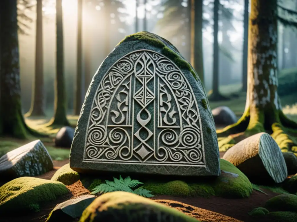 Intrincadas inscripciones de mitología nórdica en una piedra rúnica vikinga en un bosque escandinavo brumoso