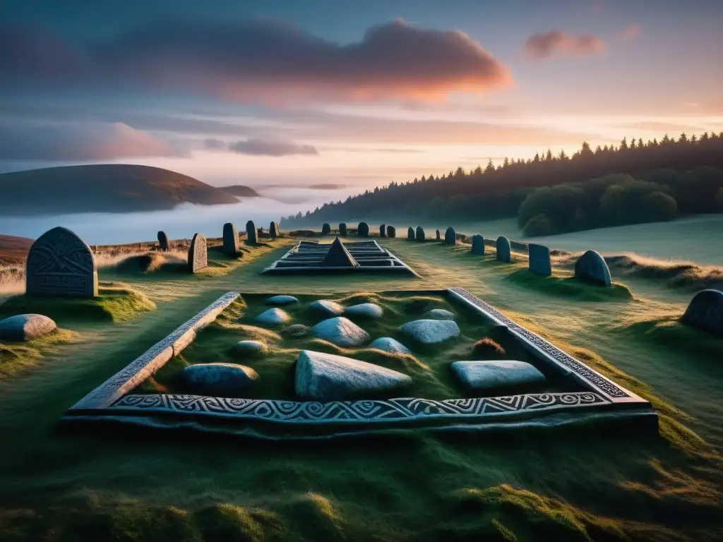 Intrincadas piedras rúnicas marcan tumbas de guerreros vikingos en un sitio funerario, bajo un cielo crepuscular misterioso