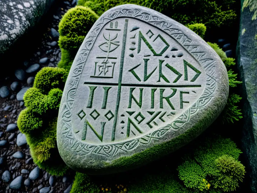 Runa vikinga: misterio y sabiduría ancestral en piedra Intrincadas runas nórdicas en una piedra antigua con musgo, evocando misterio y sabiduría ancestral