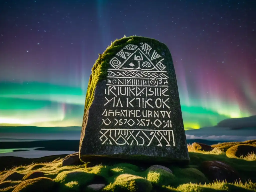 Misterioso runestone nórdico bajo la aurora boreal Intrincadas runas nórdicas en una piedra ancestral iluminada por la aurora boreal