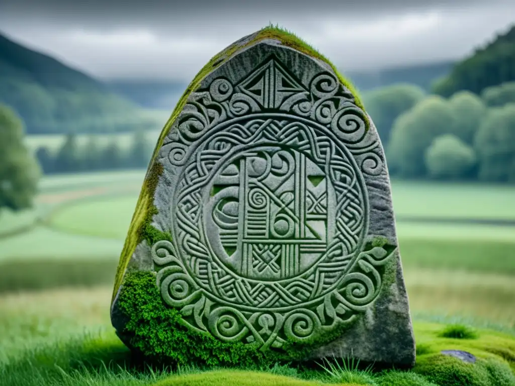 Intrincadas runas en piedra vikinga, rodeada de verde campo y bosque misterioso, evocando asentamientos vikingos en Gran Bretaña