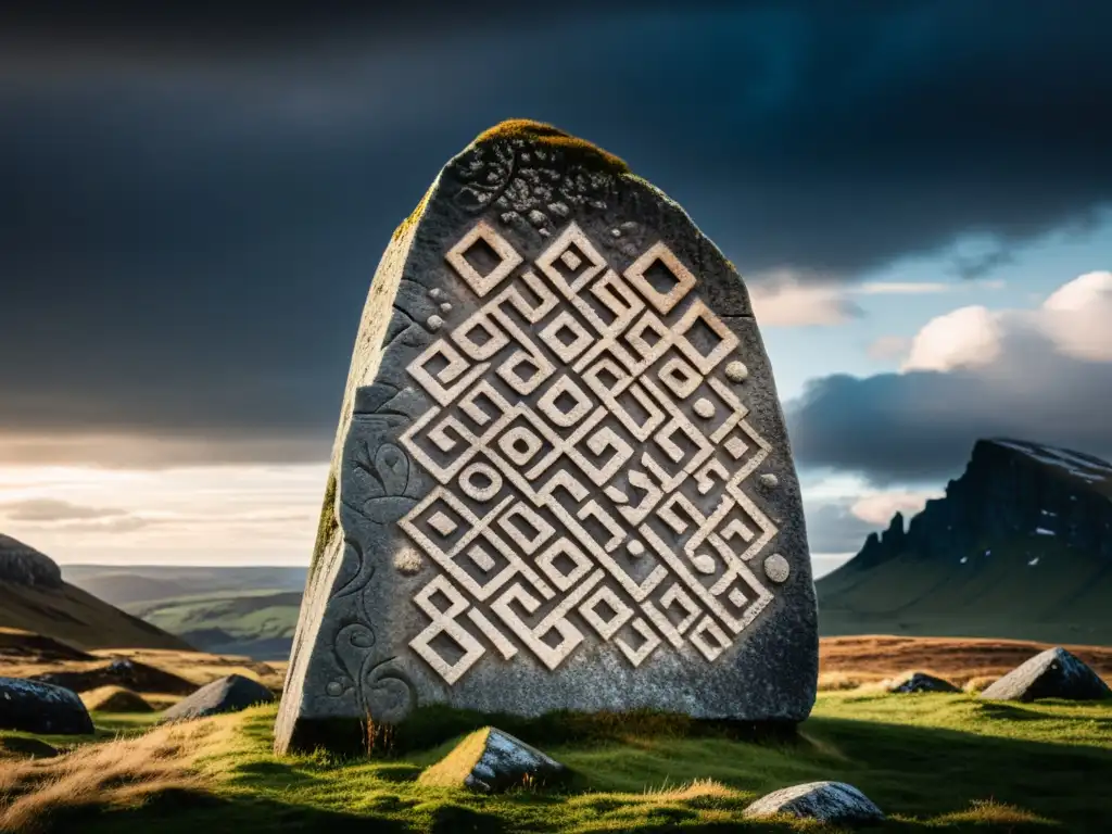 Intrincadas runas vikingas labradas en piedra, bajo un cielo dramático