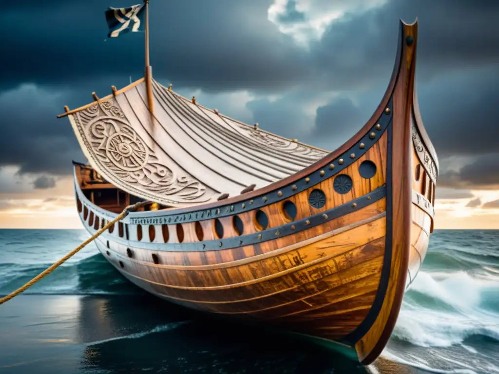 Intrincadas runas vikingas talladas en un antiguo drakkar, con el mar y un cielo dramático de fondo