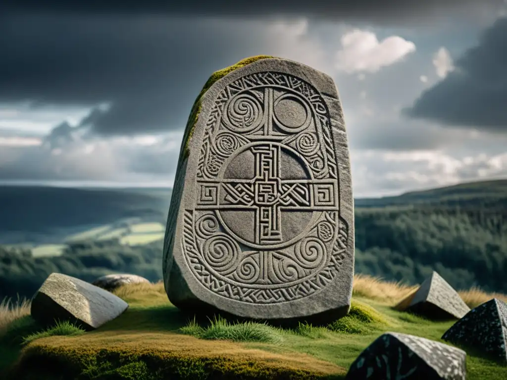 Intrincadas runas vikingas talladas en piedra, rodeadas de bosques nórdicos y cielo dramático