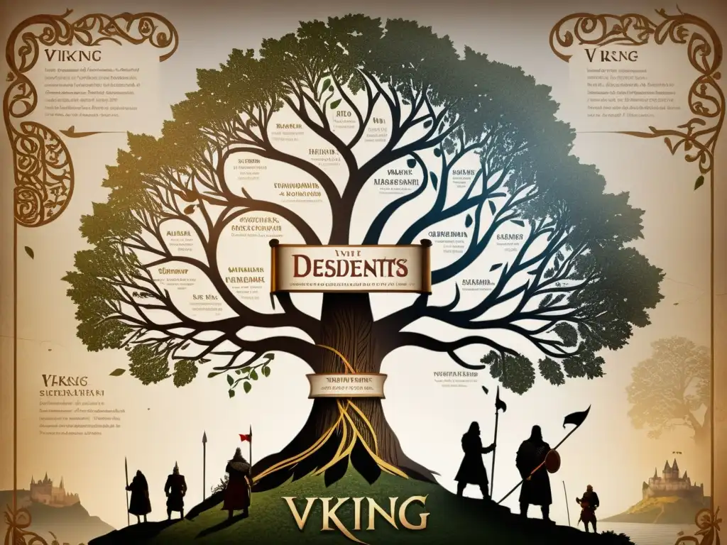 Intrincado árbol genealógico de descendientes vikingos en la nobleza europea, sobre un mapa con barcos vikingos y castillos medievales