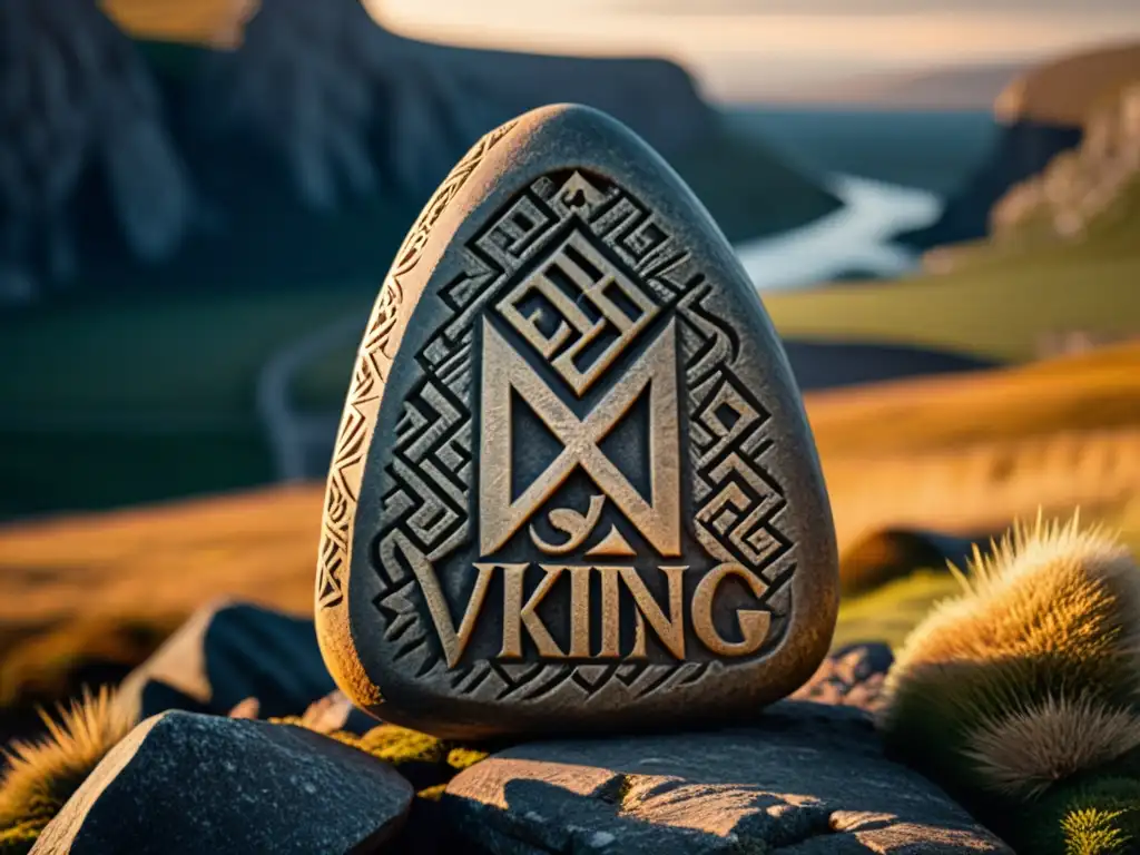 Intrincado arte escritura vikinga trazo en piedra, paisaje nórdico al atardecer