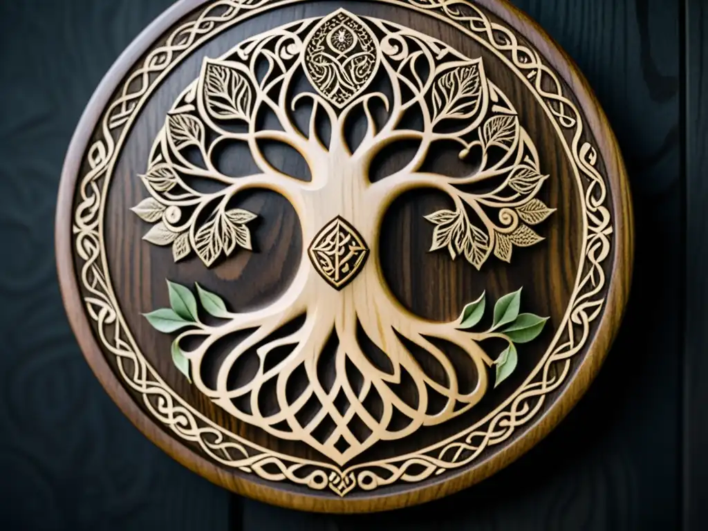 Intrincado escudo vikingo de madera con tallado de Yggdrasil rodeado de nudos, sobre fondo oscuro