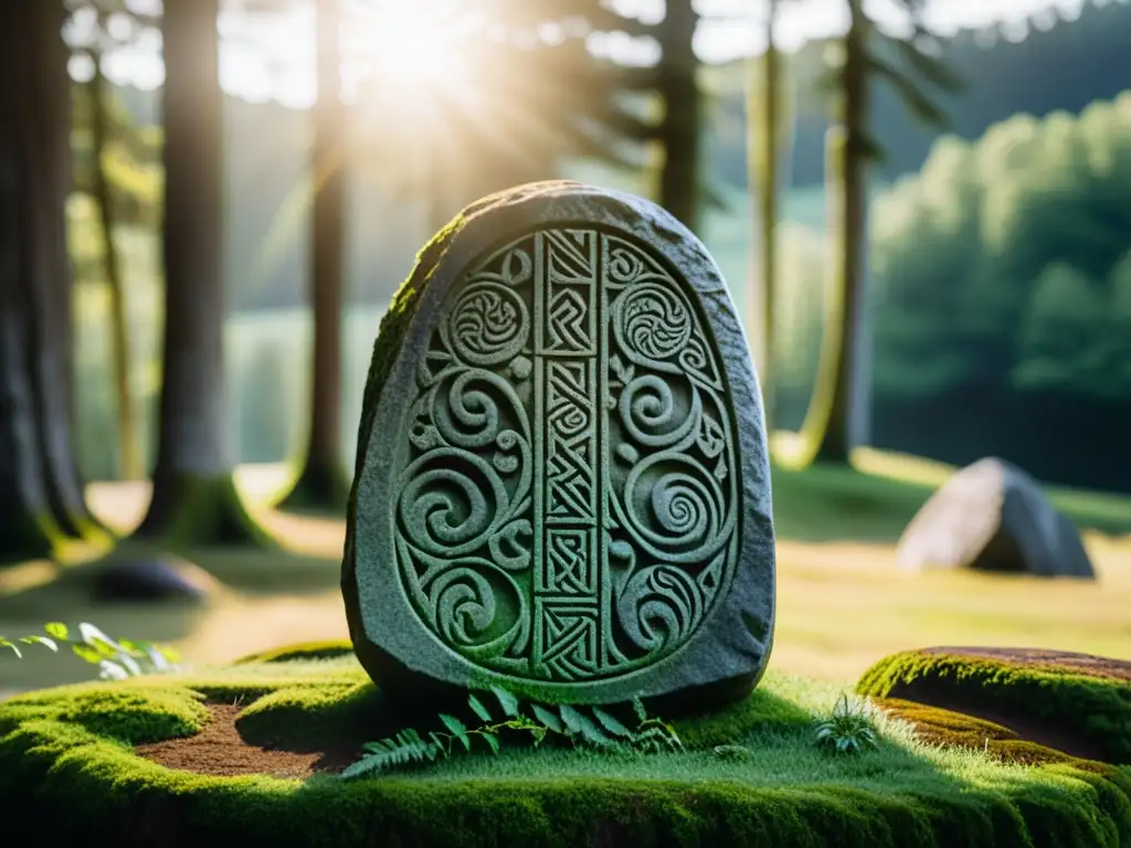 Intrincado runestone vikingo en bosque nórdico con símbolos y runas antiguas