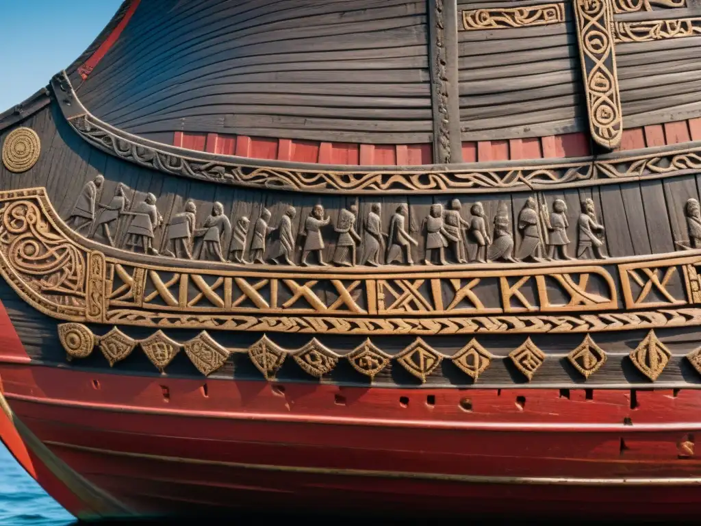 Detalles de la proa de un drakkar vikingo con intrincadas runas Los intrincados grabados y runas en la proa de un barco vikingo en el sitio arqueológico de Skuldelev muestran su historia