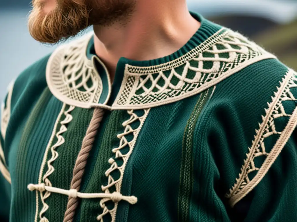 Intrincados patrones de tejido vikingo en una túnica de lana artesanal, resaltando la moda vikinga en el diseño contemporáneo