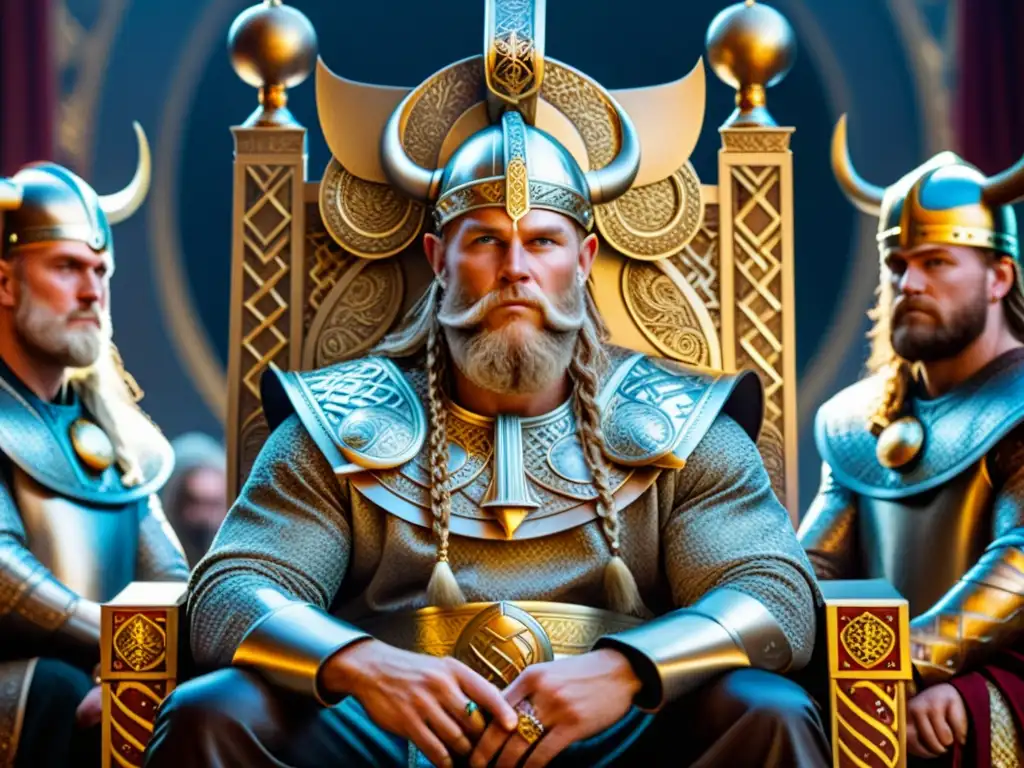 Un jefe vikingo adornado con joyas de oro, sentado en un trono en una sala llena de guerreros y riquezas