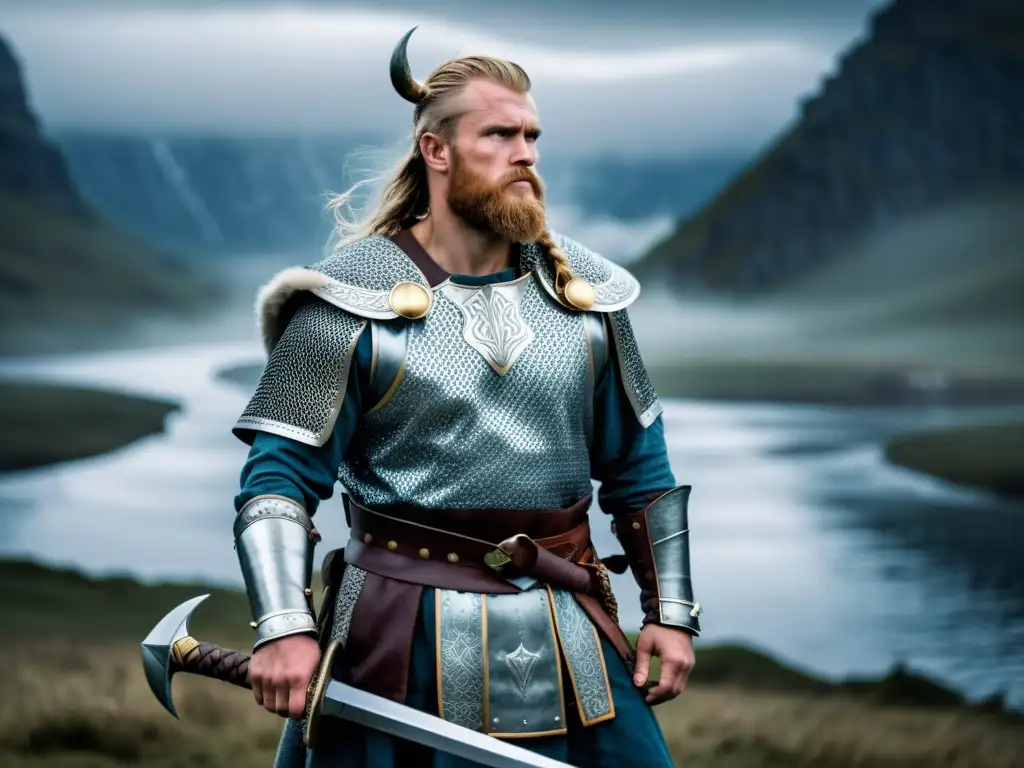 Un jefe vikingo en armadura, con una espada brillante, entre un paisaje nórdico neblinoso