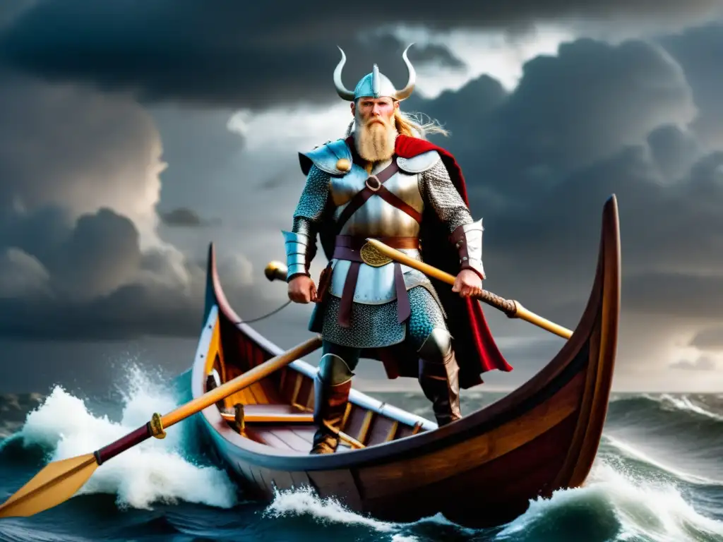 Un jefe vikingo desafiante en su barco, mirando al horizonte en medio de una tormenta