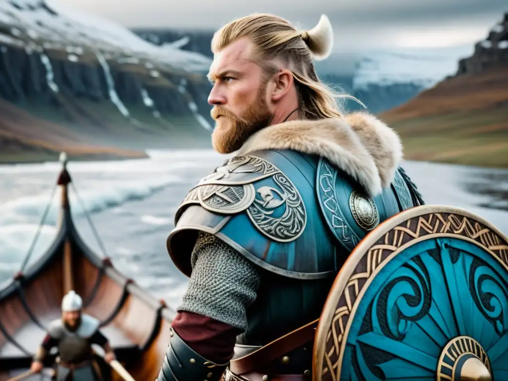 Un jefe vikingo en su drakkar, mirando un paisaje nórdico