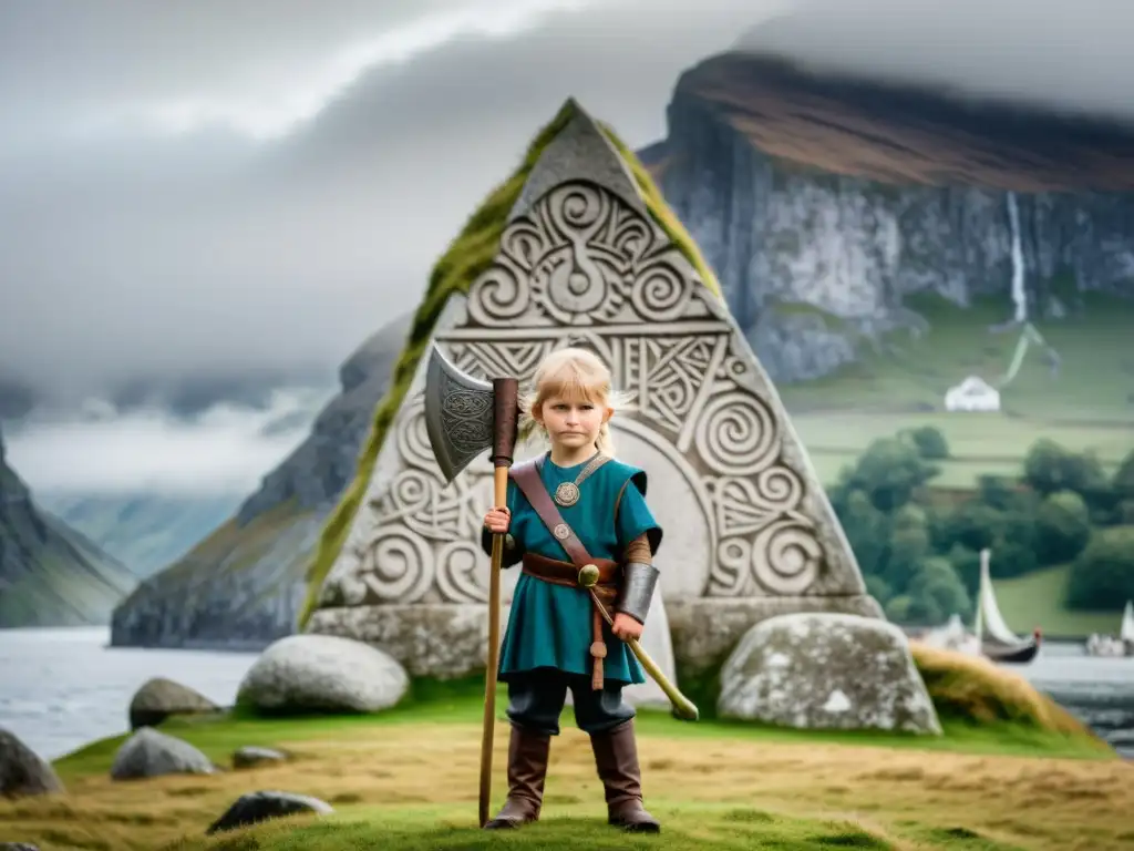 Un joven niño vikingo de 10 años en un rito de paso, frente a monumento con símbolos nórdicos, en un fiordo neblinoso