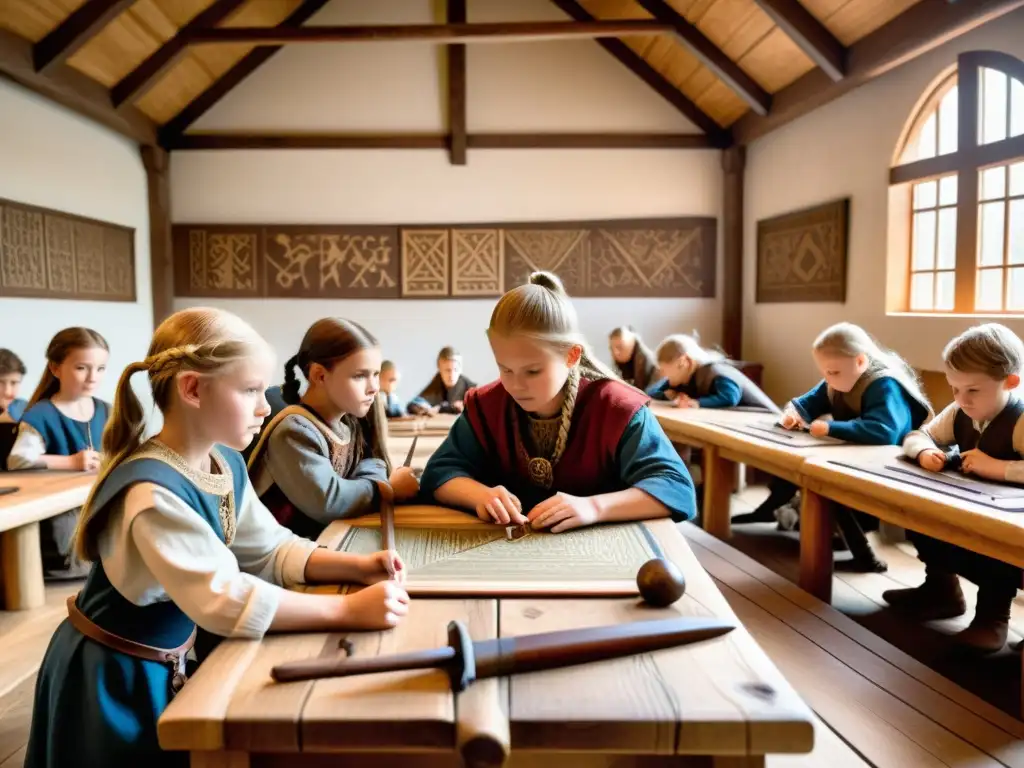 Formación de jóvenes vikingos para adultos: Ilustración detallada de niños y niñas vikingos en clase histórica aprendiendo combate y tejido