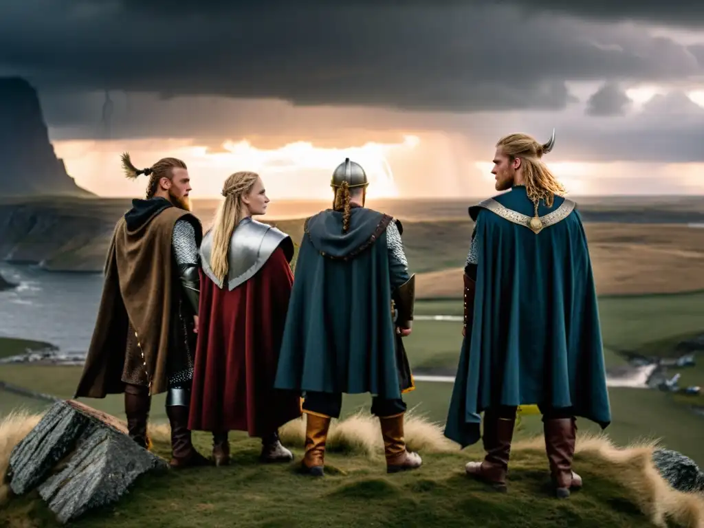 Jóvenes vikingos en una ceremonia de mayoría de edad en un acantilado durante un atardecer tormentoso