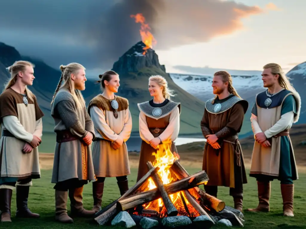 Jóvenes vikingos en ceremonia de mayoría de edad alrededor de una hoguera, en paisaje nórdico