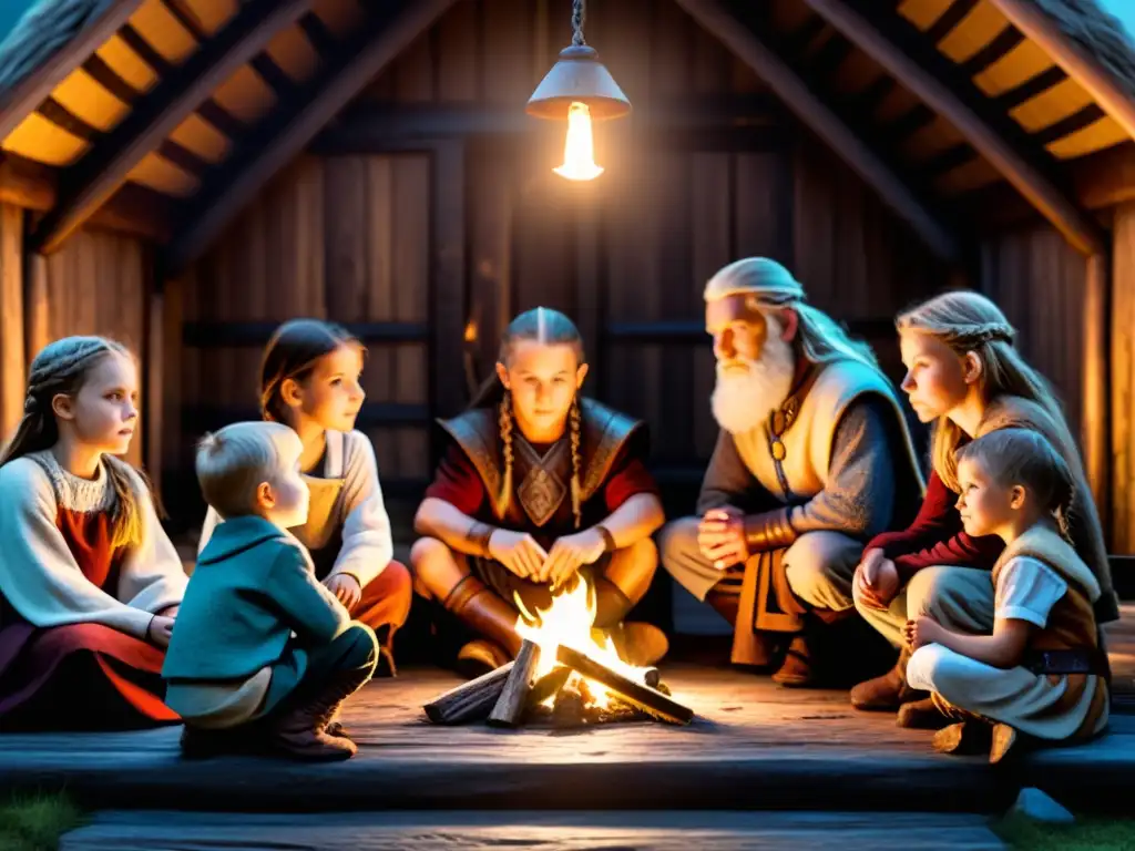 Jóvenes vikingos aprenden con sabiduría ancestral en una cálida cabaña de madera iluminada por antorchas