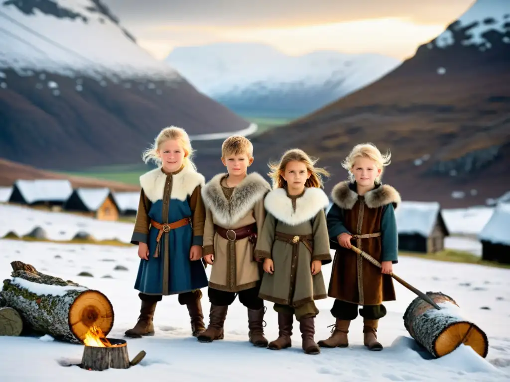 Jóvenes vikingos preparándose para la vida en el norte con vestimenta tradicional de lana y piel, en un paisaje nevado