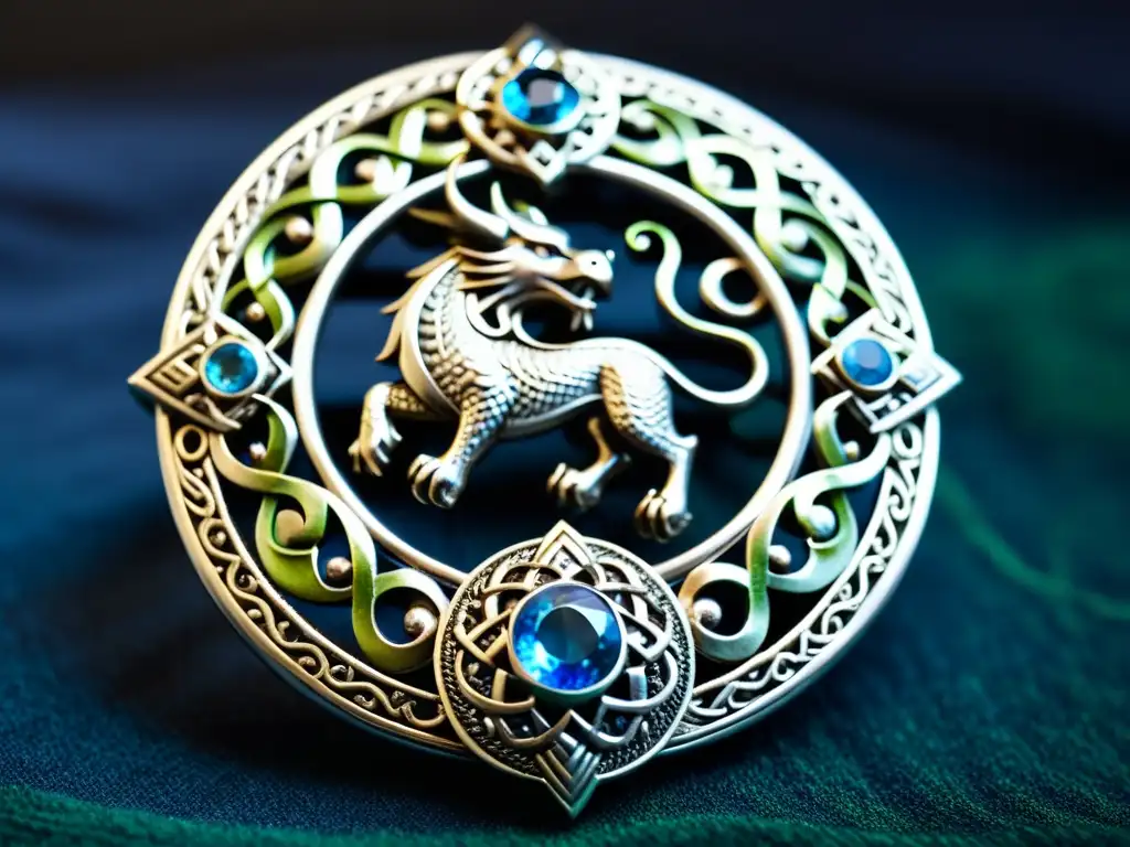 Una joya vikinga de plata con dragones entrelazados y detalles ornamentados en gemas azules y verdes sobre terciopelo oscuro