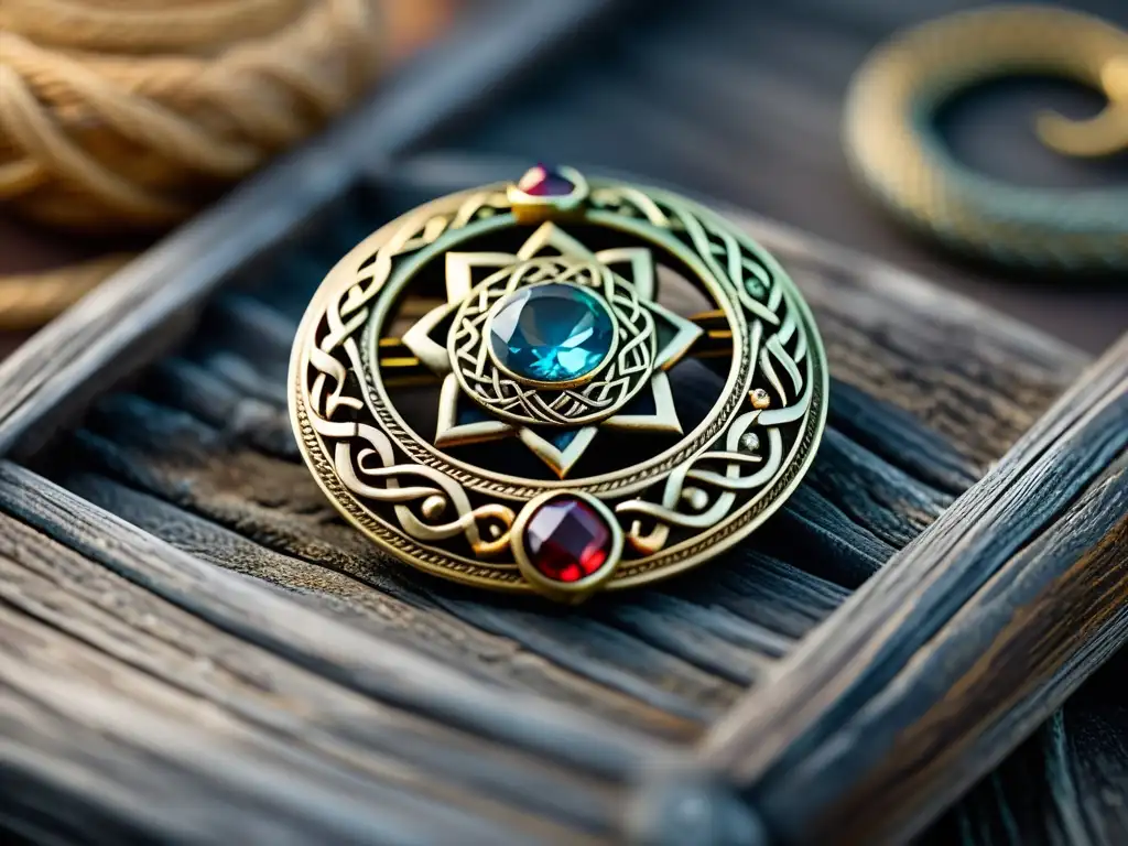 Una joya vikinga con serpientes entrelazadas y gemas, resplandeciendo entre artefactos antiguos