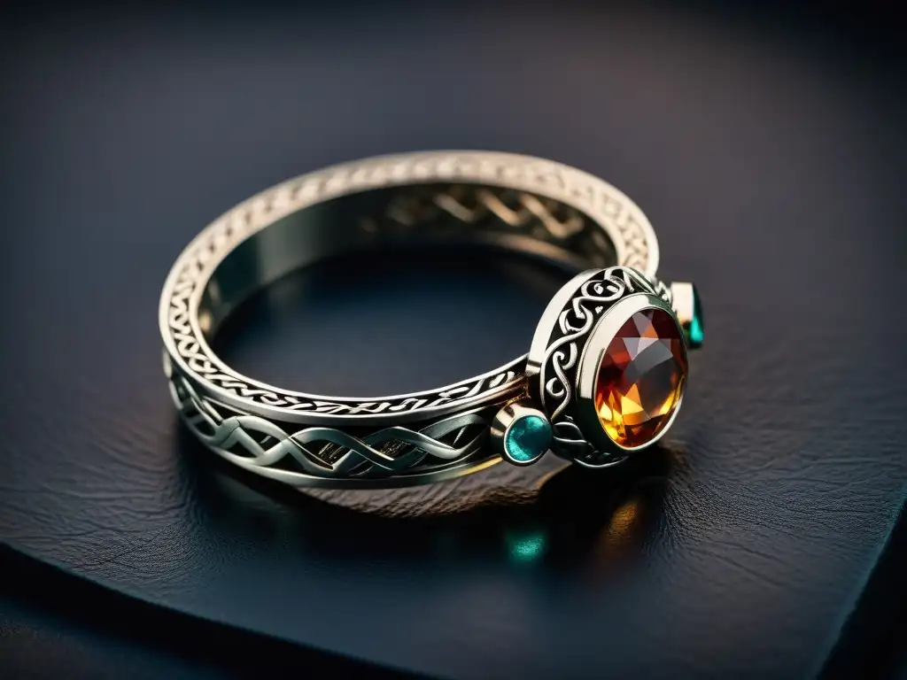 Joyas vikingas más codiciadas: Detallado brazalete de plata, broche con gemas y colgante con símbolo nórdico en terciopelo oscuro iluminado