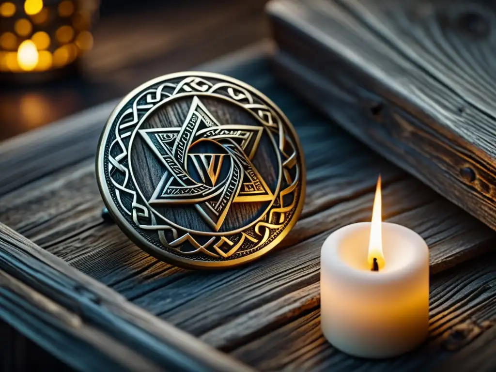 Transmisión de joyas vikingas a través de generaciones: Detalle de un broche vikingo ornamental en un antiguo y cálido entorno iluminado por velas