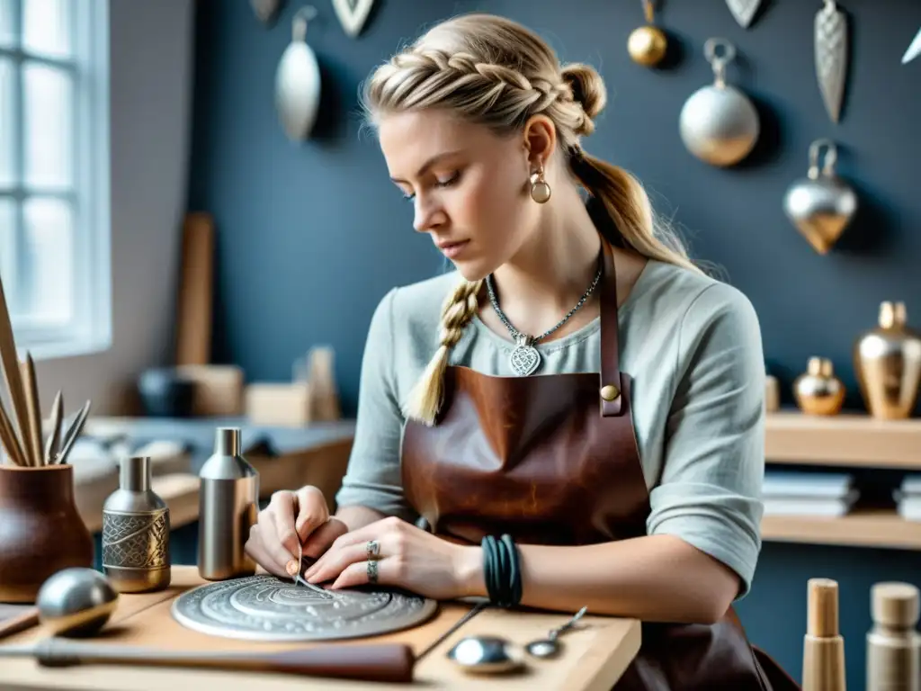 Una joyera moderna fusiona símbolos entrelazados en joyería vikinga con diseño contemporáneo, rodeada de herramientas y libros de cultura vikinga