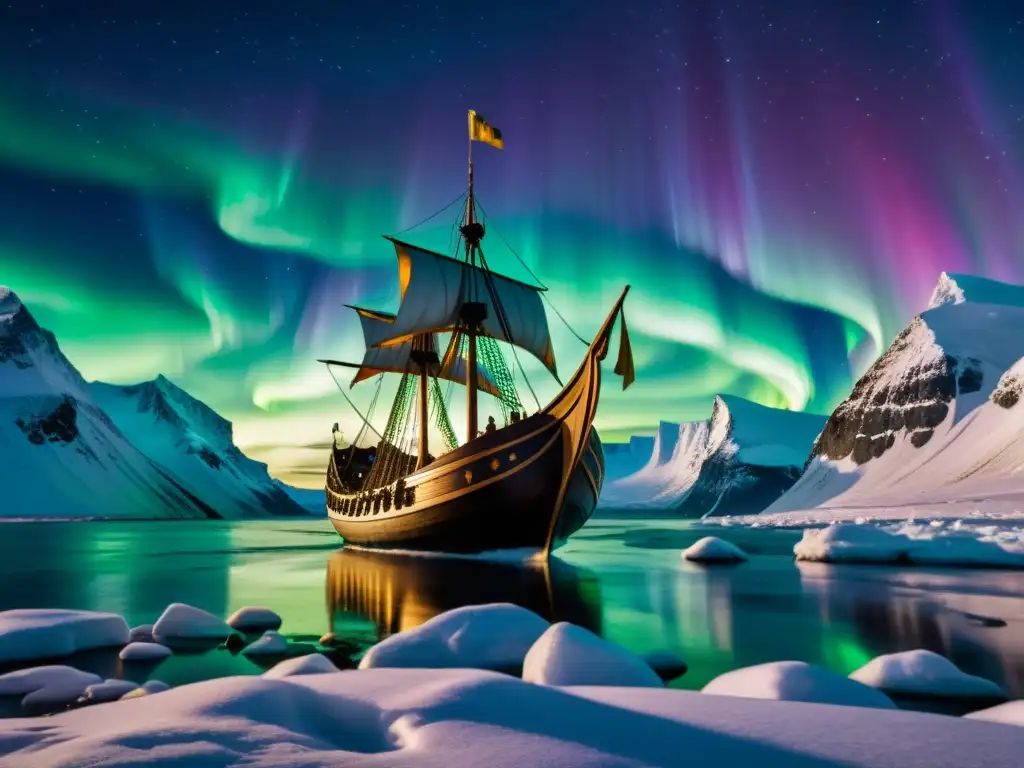 Joyería vikinga inspirada en auroras boreales en un barco nórdico bajo la danza de la aurora boreal