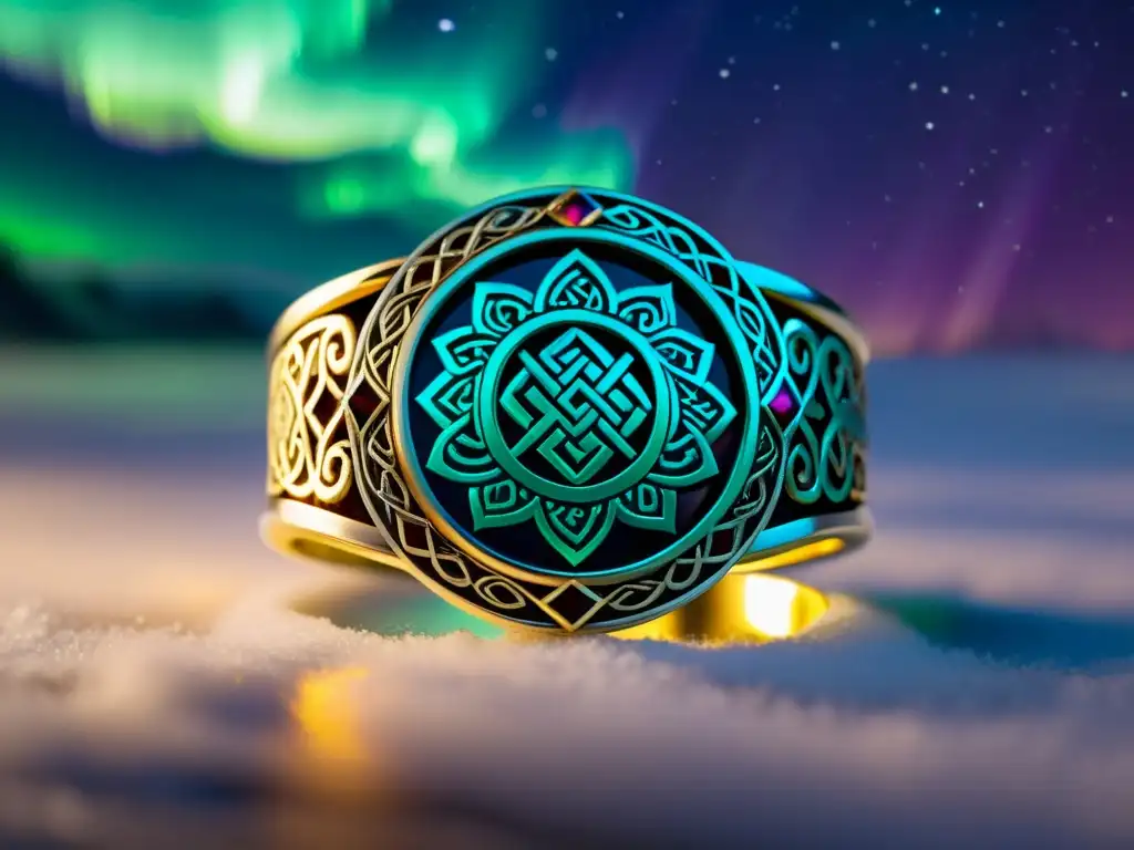 Joyería vikinga inspirada en auroras boreales, con diseños nórdicos y símbolos, bajo la luz de la aurora boreal