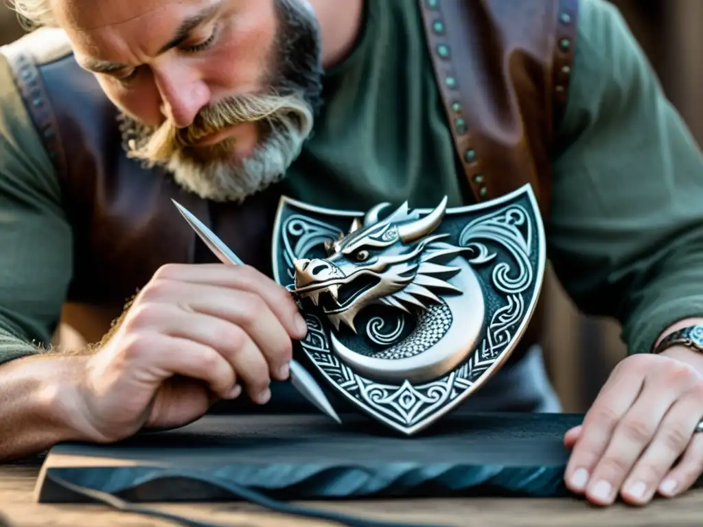 Un joyero vikingo crea con destreza un colgante de dragón plateado, mostrando la interpretación de motivos animales en joyas vikingas