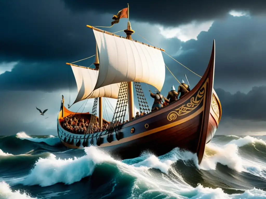 Juego de guerra vikinga multijugador: Un barco vikingo majestuoso surcando olas turbulentas bajo un cielo tormentoso, guerreros fieros en cubierta