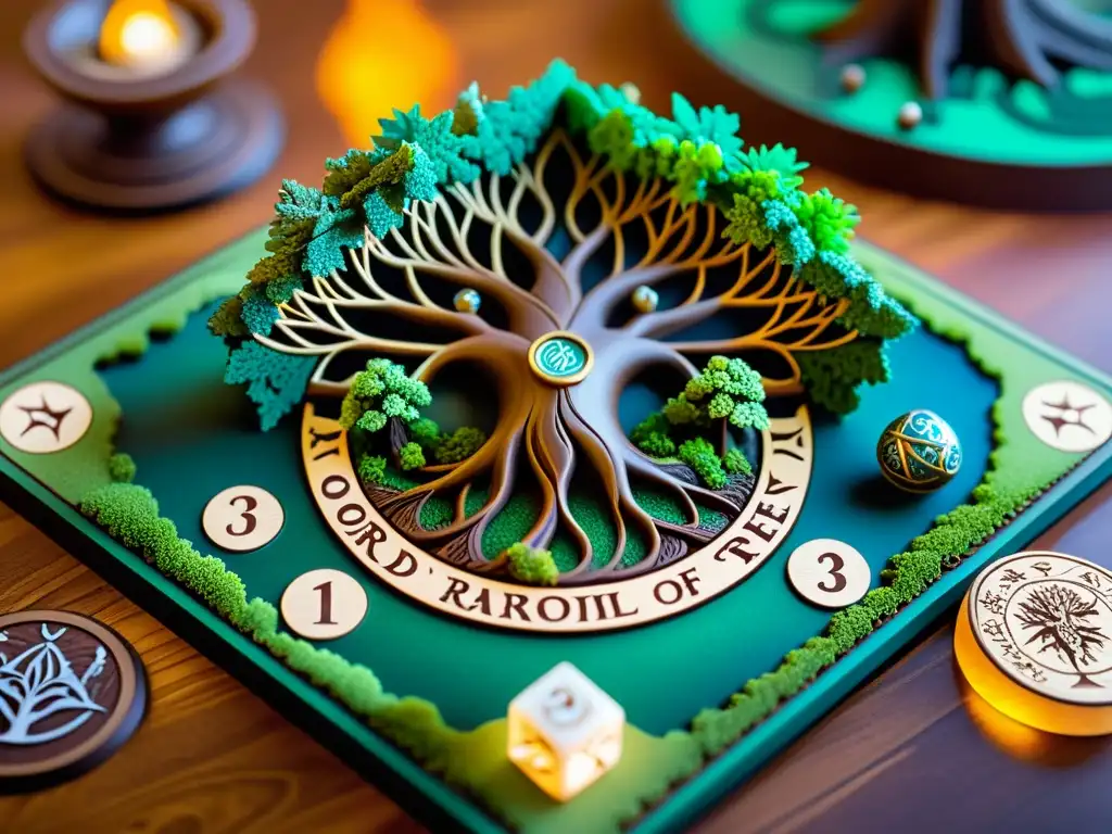 En un juego de mesa de mitología nórdica, dioses y criaturas en batalla en el Árbol del Mundo Yggdrasil