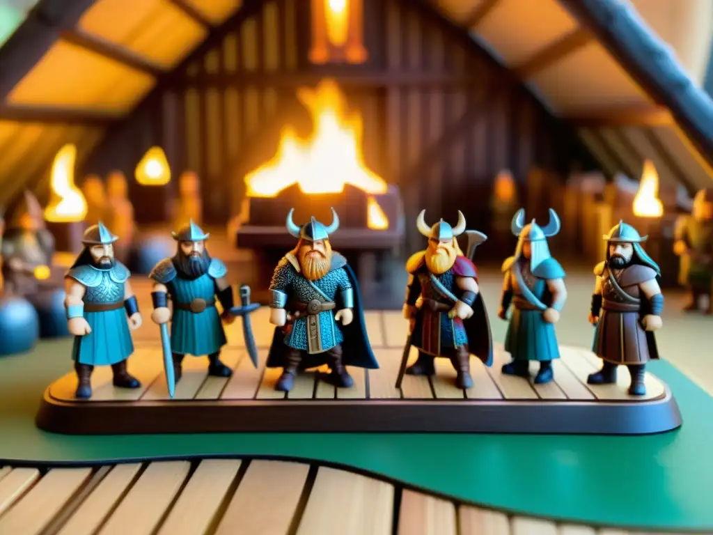 Juego de mesa de mitología nórdica: Jugadores en ambiente vikingo con dioses y guerreros en detallado tablero iluminado por antorchas