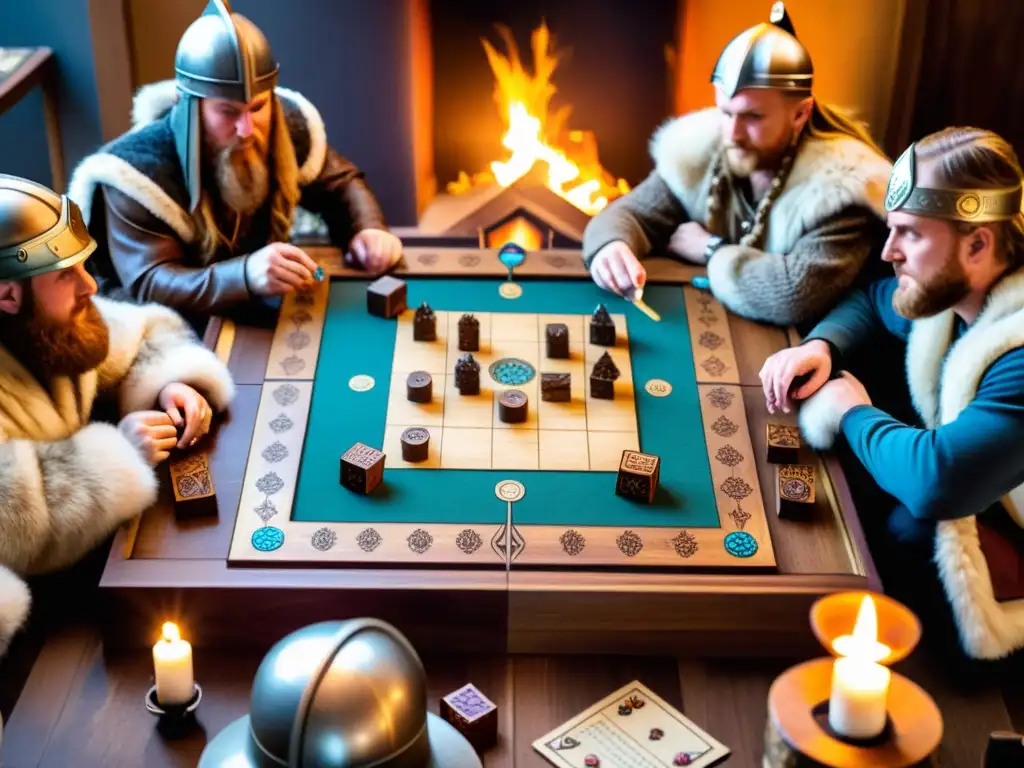 Un juego de mesa ritual vikingo: jugadores inmersos en un juego con símbolos nórdicos, velas y dados