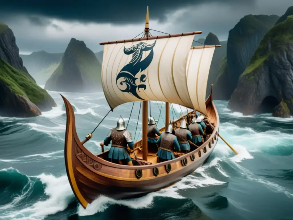 Juego de mesa vikingo estrategia: Barco vikingo tallado navegando en mares turbulentos con guerreros y bandera de Odín