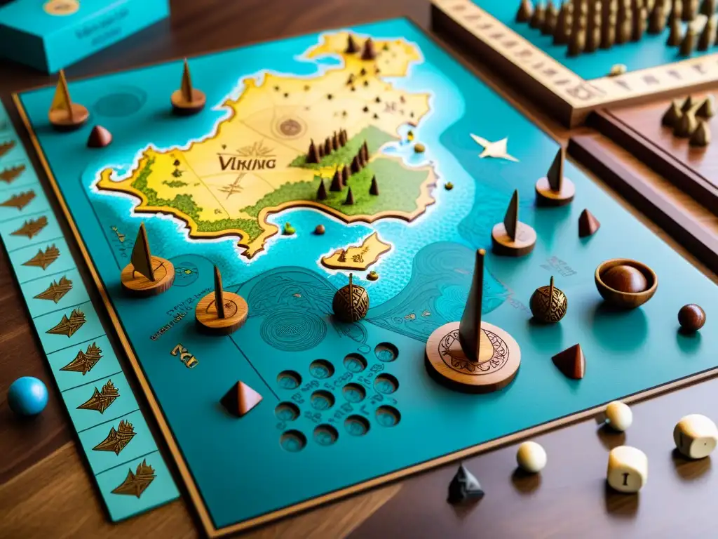 Un juego de mesa vikingo moderno con piezas detalladas de madera, mapa del Mar del Norte y jugadores inmersos en estrategias