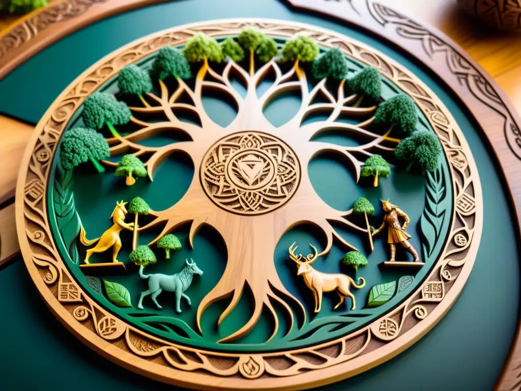 Juego de tablero inspirado en mitología nórdica con dioses y criaturas en batalla en un detallado diseño de Yggdrasil